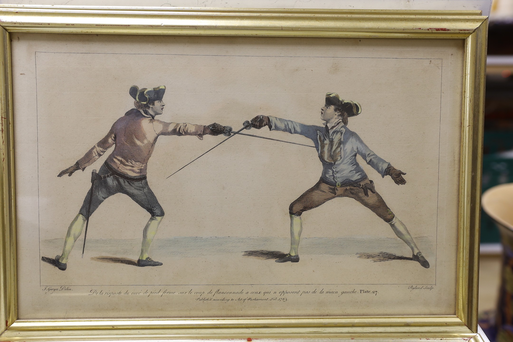 James Gwyn, Six 18th century hand coloured engravings of fencing, publ. 1763, 28 x 44cm